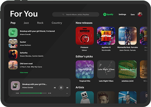 Buy Spotify Plays - Affordable & Organic Growth Packages. Spotify desktop interface showing recommended playlists, new releases, and popular songs for user discovery
