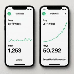 Before and after comparison of Spotify song plays using BoostMusicPlays.com, showing growth from 1,253 to 50,292 plays. Buy Spotify Plays & YouTube Views safely.