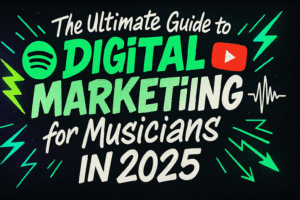Digital marketing artwork with graffiti-style text for musicians featuring Spotify and YouTube logos, lightning bolts, and soundwaves on a dark background.
