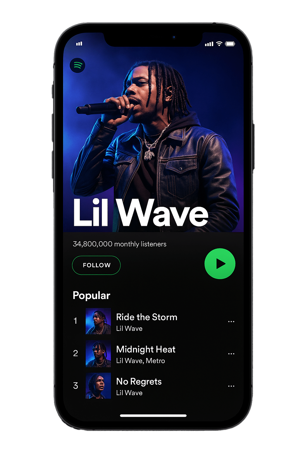 Smartphone displaying a fictional Spotify artist profile for Lil Wave with popular songs and monthly listeners