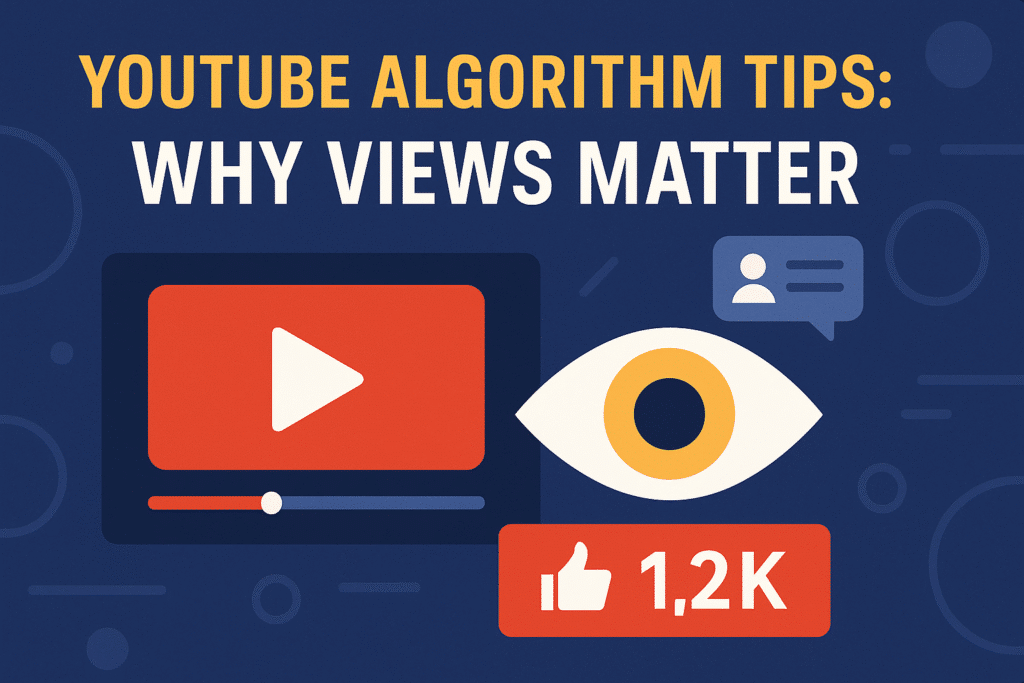 YouTube algorithm tips graphic showing a play button, view icon, like count, and user comments