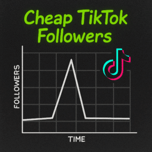 Infographic showing a TikTok follower graph with a sudden spike followed by a steep drop, representing cheap TikTok followers.