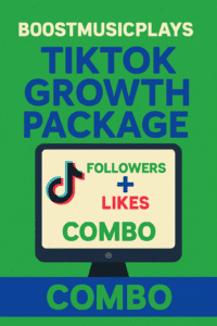 Graffiti-style digital graphic for BoostMusicPlays showing TikTok growth package with followers and likes combo, featuring TikTok logo, neon accents, and bold modern design.