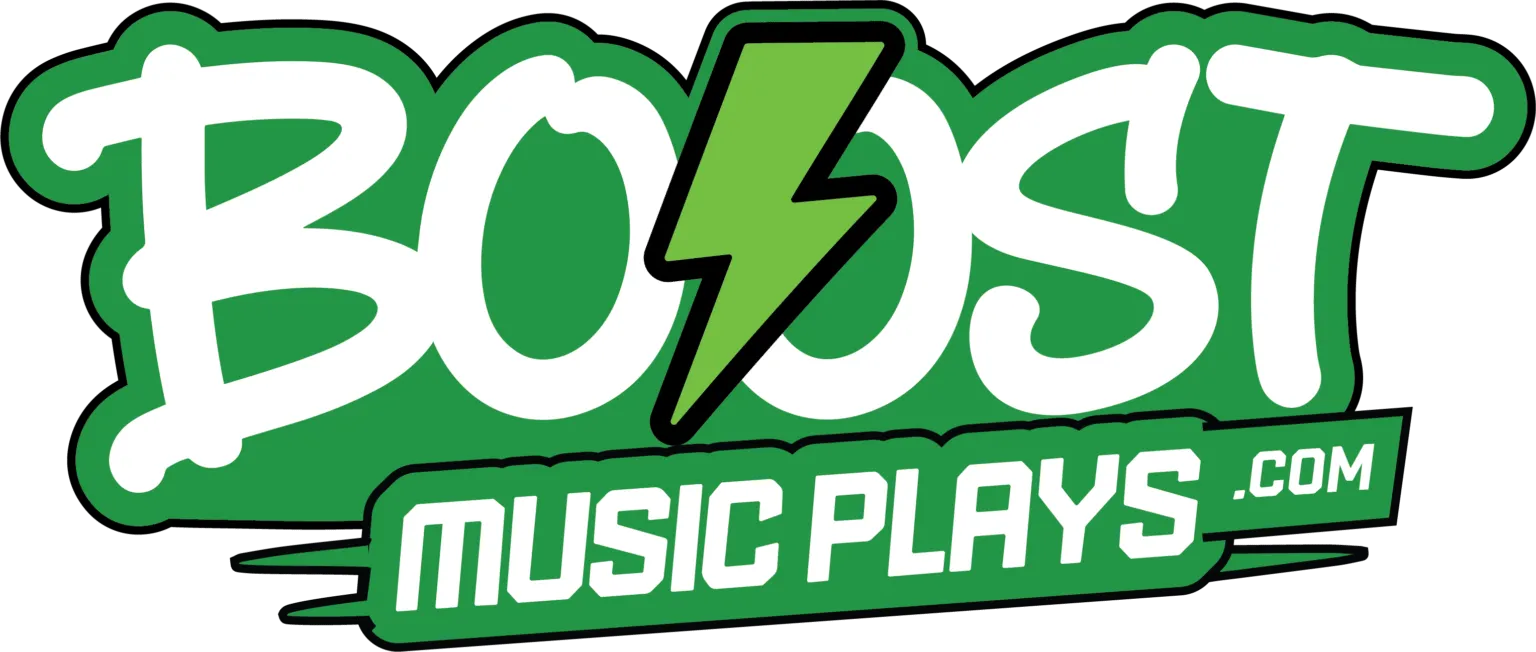 BoostMusicPlays logo with green graffiti-style text and a lightning bolt graphic on a transparent background.
