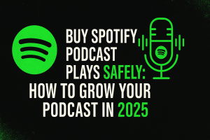 Neon green Spotify podcast hero banner with glowing microphone and sound waves – BoostMusicPlays