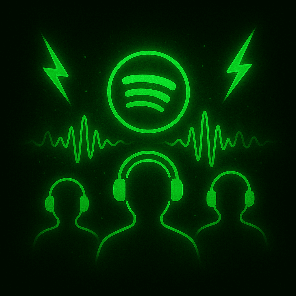 Neon green silhouettes of real listeners wearing headphones beneath the glowing Spotify logo with sound waves and lightning effects.