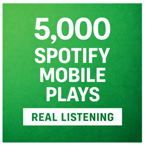 Green promotional graphic showing 5,000 Spotify mobile plays with real listening text